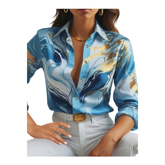 Boutique Tops - Women's Blue Marble-Print Button-Up Blouse